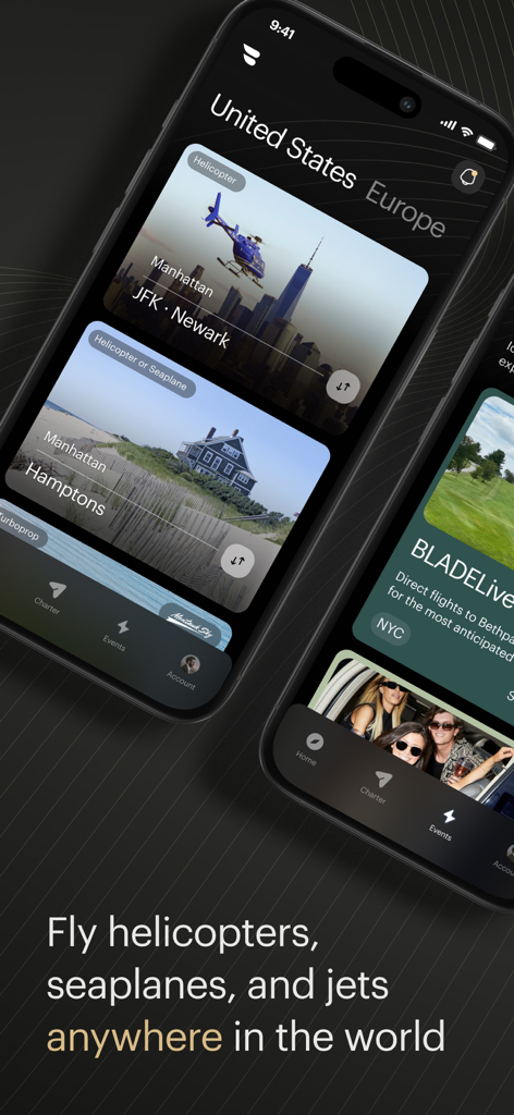 Interfaz de la aplicación móvil BLADE que muestra opciones de vuelo en helicóptero e hidroavión desde Manhattan a JFK y los Hamptons