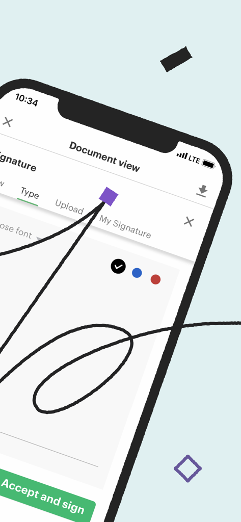 PandaDoc - Create & Send docs - Smartphone screen displaying the PandaDoc document signing interface with a handwritten digital signature