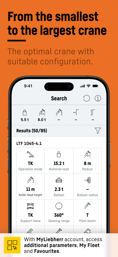 Liebherr Crane Finder app search interface displaying optimal crane configurations and technical lift parameters.