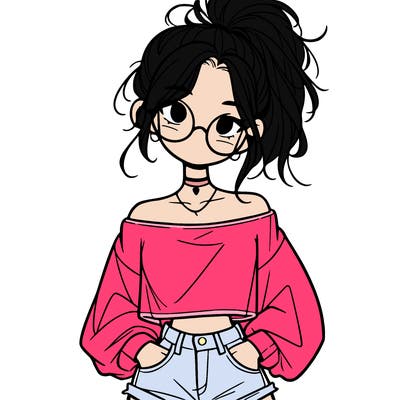 girl with a messy ponytail glasses a baggy crop top and jean shorts