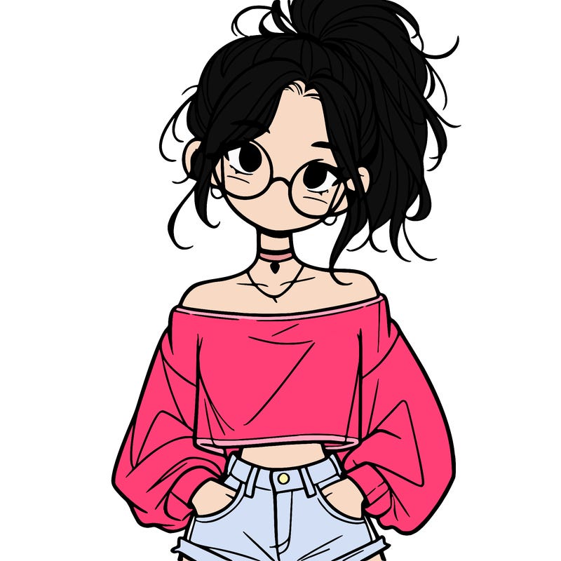 girl with a messy ponytail glasses a baggy crop top and jean shorts
