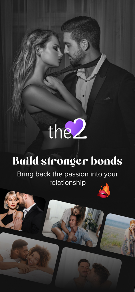 Una captura de pantalla de la aplicación the2 que muestra diversas parejas con el titular Construye vínculos más fuertes