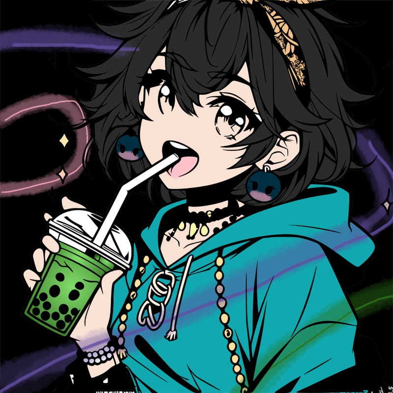 hot baddie anime girl drinking boba and biting the straw