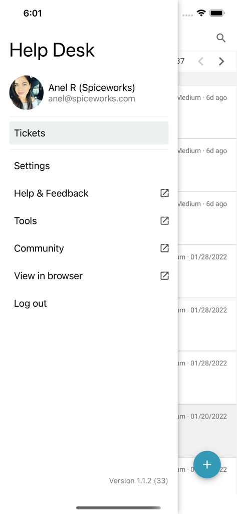 Spiceworks Help Desk - Side navigation menu of the Spiceworks Help Desk mobile app displaying options for tickets settings and community access.