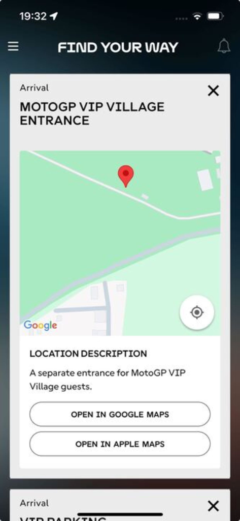 MotoGP™ Hospitality - Navigation screen showing the MotoGP VIP Village entrance location with map and directions buttons