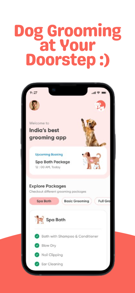 Woofly - Doorstep Grooming App - Interfaz de la aplicación móvil Woofly que muestra paquetes de peluquería para perros y opciones de reserva a domicilio