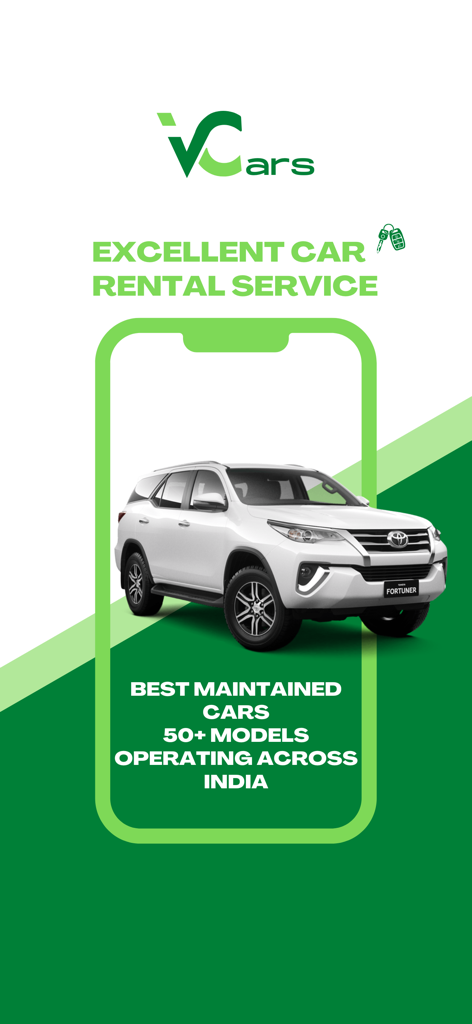 VCars - Self Drive Car Rentals - Interfaz de la aplicación de alquiler de coches de auto-conducción VCars con un SUV Toyota Fortuner blanco y servicios profesionales de alquiler de coches en la India