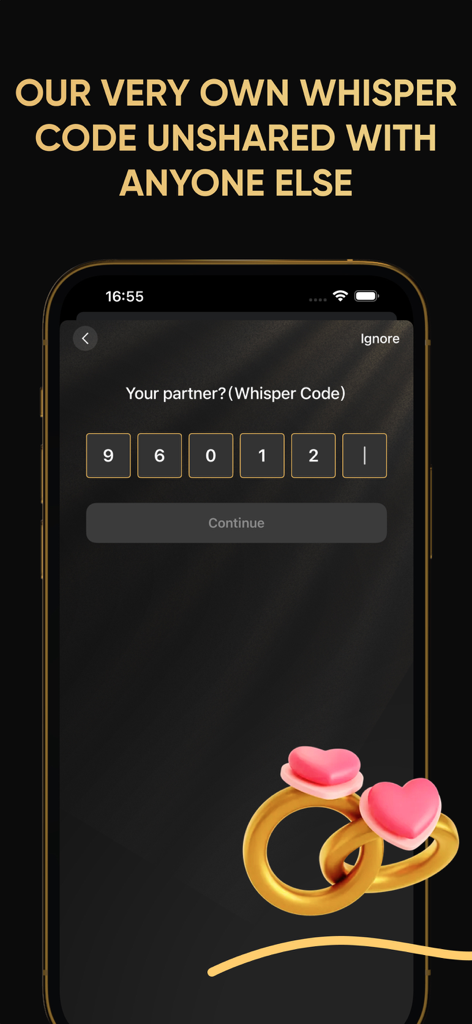 Whisper Link - Tela de smartphone mostrando o processo de pareamento do aplicativo Whisper Link com um código de sussurro exclusivo e anéis de coração dourados.