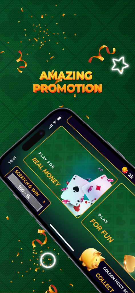 リアルマネーポーカーオプションとゲームプロモーションを示すリアルマネーポーカーモバイルアプリのインターフェース