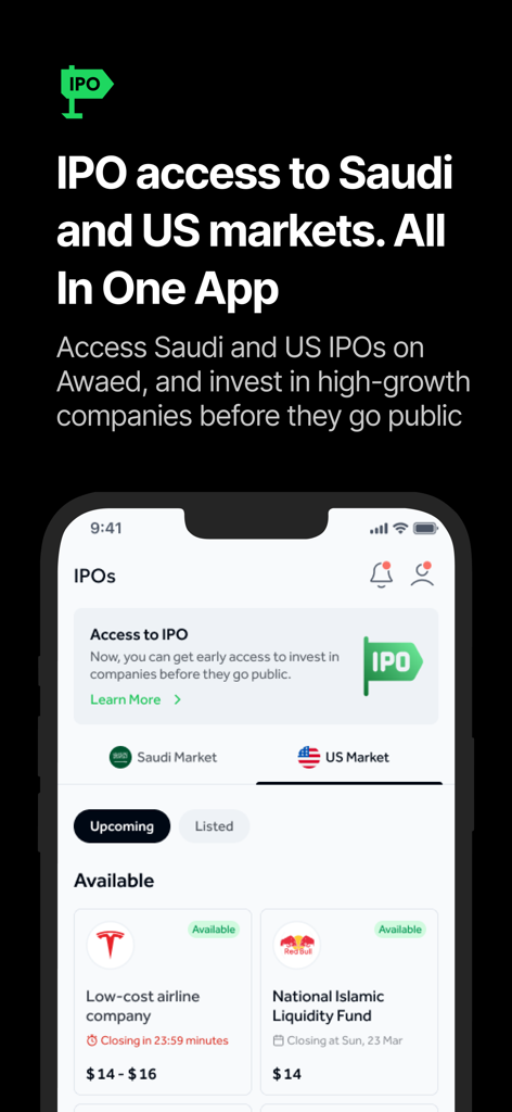 Awaed - Invest & Trade - Awaed mobile app interface showcasing access to Saudi and US stock market IPOs