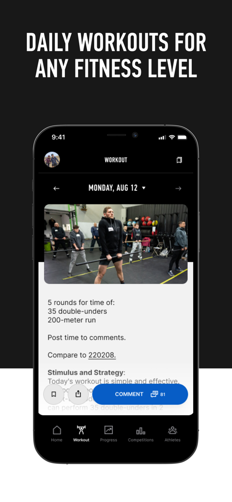 CrossFit - Interfaccia dell'app CrossFit che mostra i dettagli dell'allenamento giornaliero e i commenti della community.