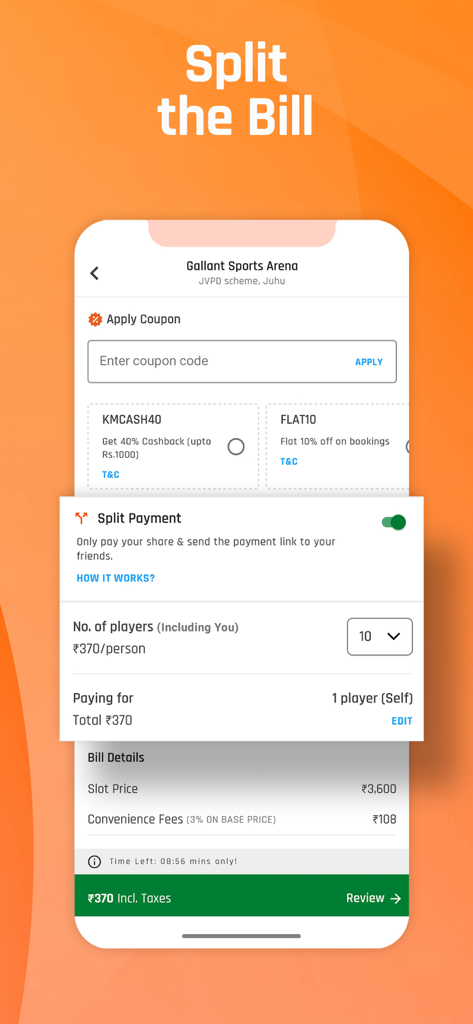 Interface of the Khelomore app showing the split payment feature to share the cost of a sports ground booking among friends