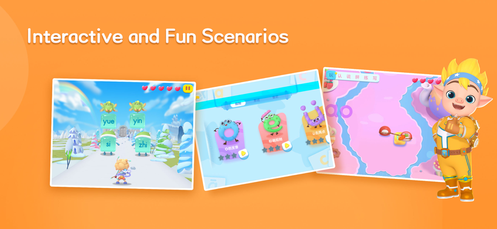 Scénarios d'apprentissage interactifs et personnages au sein de l'application éducative iHuman Pinyin.
