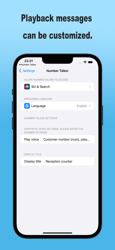 Number Ringer - Die Einstellungs-Oberfläche der Number Ringer App, die Optionen zur Anpassung von synthetischen Sprachwiedergaben und Anzeigetiteln für das Warteschlangenmanagement zeigt.