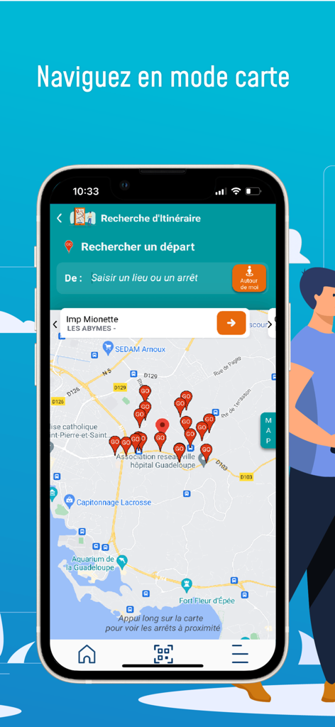KARULIS - KARULIS app interface showing a map of Guadeloupe for transit itinerary planning