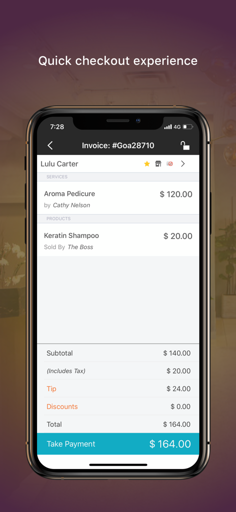 Zenoti Mobile - Zenoti Mobile app showing a quick checkout experience with a salon service and product invoice