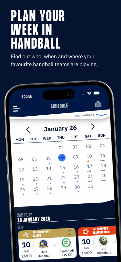 Home of Handball - Screenshot of the Home of Handball app schedule screen showing a calendar with upcoming European handball match dates and team matchups