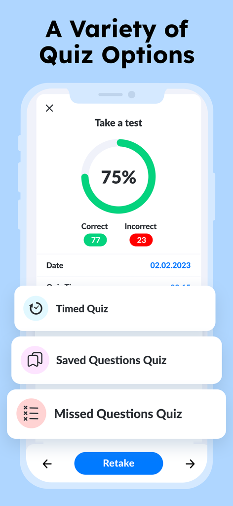 NREMT Prep. Medic Test 2026 - Interface de l'application NREMT prep affichant divers modes de quiz et résultats de test