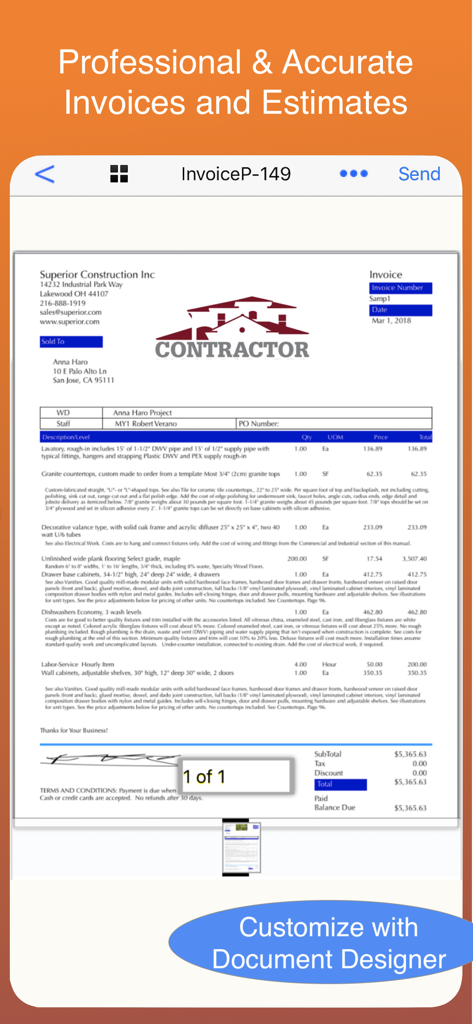Example of a professional plumbing invoice displayed on a mobile device within the Plumbing Pro app.
