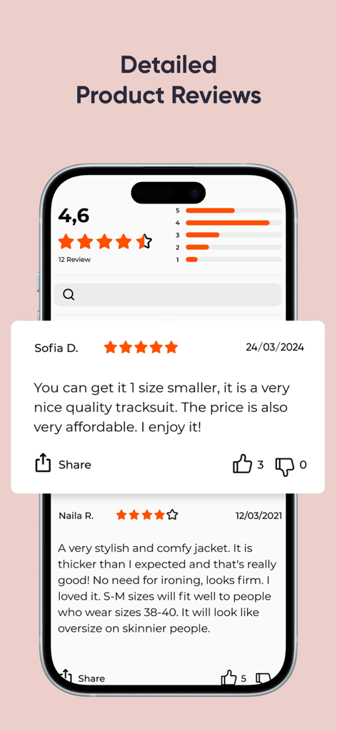 Schermata di uno smartphone che mostra recensioni dettagliate dei clienti e valutazioni a stelle per articoli di abbigliamento sull'interfaccia dell'app Modanisa.