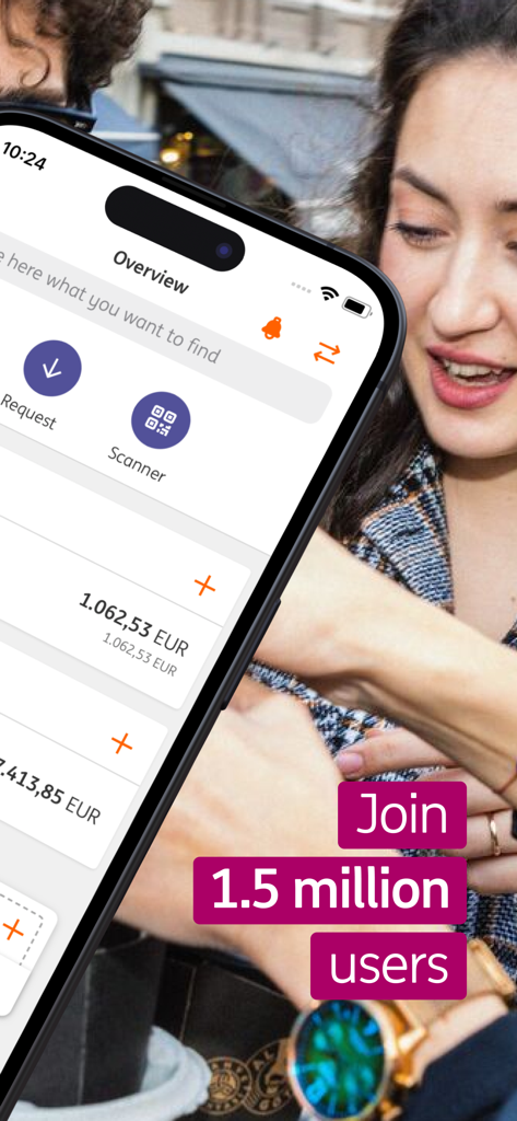 ING Banking app overview screen on an iPhone showing account balances and Join 1.5 million users text.