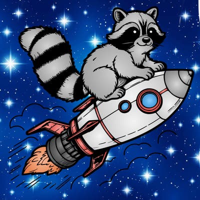 realistic raccoon flying on top rocket ship