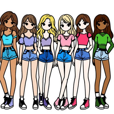 a group of girls wearing crop tops and shorts