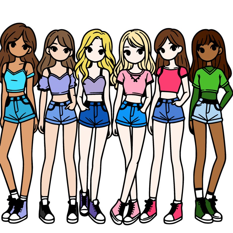 a group of girls wearing crop tops and shorts