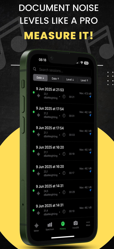 Decibel X PRO - dB Sound Meter - 타임스탬프와 데시벨 판독값이 있는 기록된 소음 수준 측정 목록을 보여주는 Decibel X PRO 앱의 기록 화면