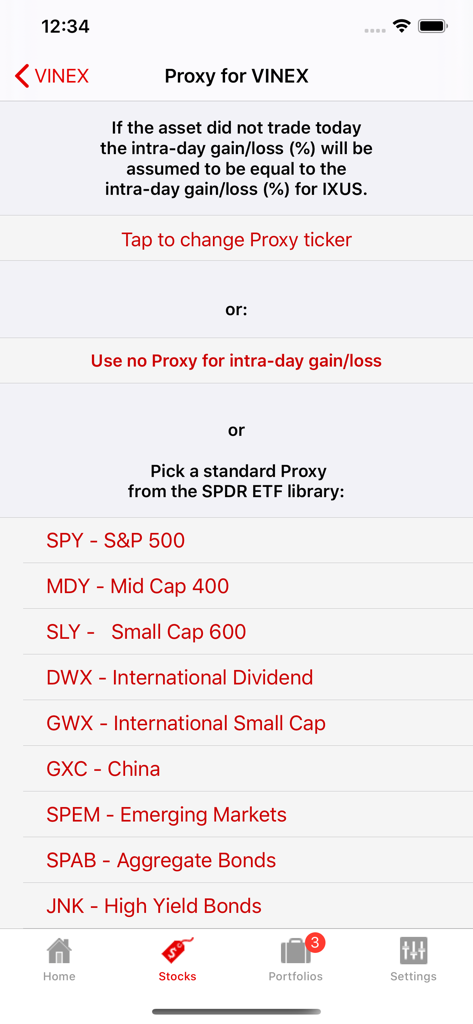 Watch My Stocks - Interface of Watch My Stocks app showing a list of standard proxy ETFs like SPY and MDY to track intraday mutual fund performance.