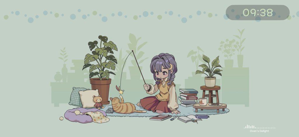 A girl playing with an orange cat in a cozy room filled with plants and a digital focus timer
