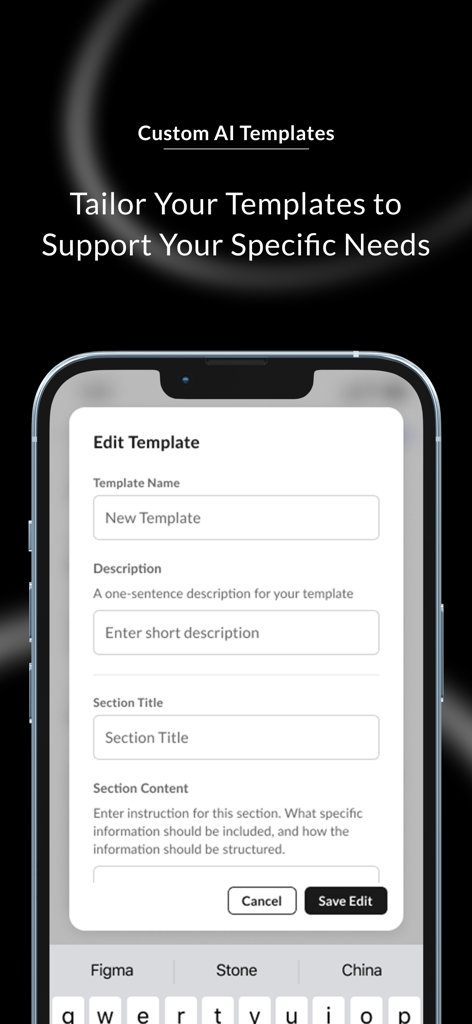 Interface of Commure AI Medical Scribe for creating and editing custom medical note templates.