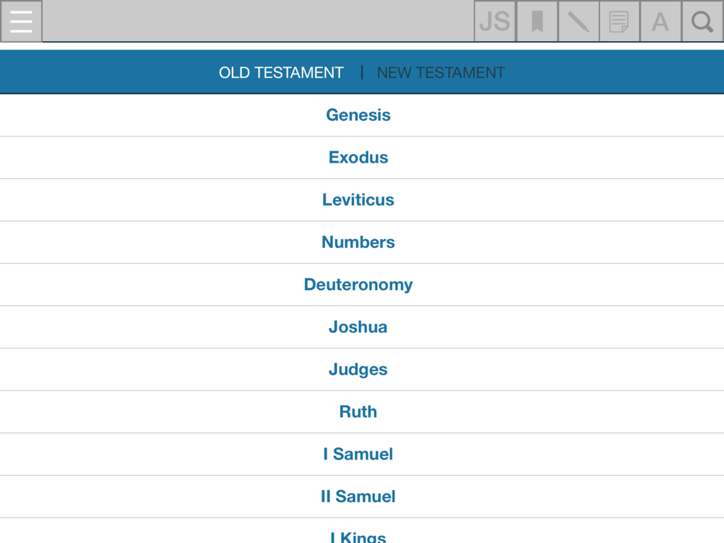JSM - The Old Testament book selection screen in the JSM Bible app showing books like Genesis and Exodus.