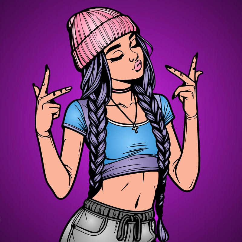 realistic teenage girl with braids and a beanie and crop top doing 🫶🏼
