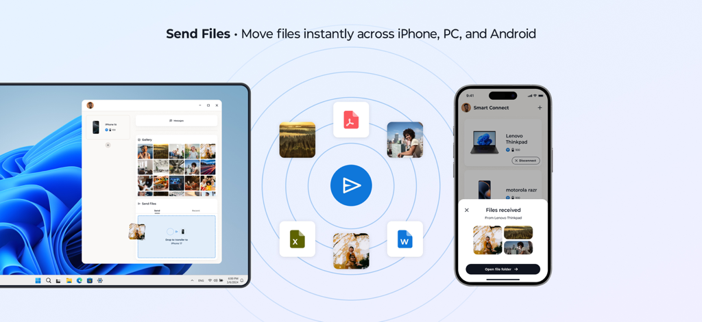 Lenovo Smart Connect app demonstrating file transfer between an iPhone and a Windows PC dashboard