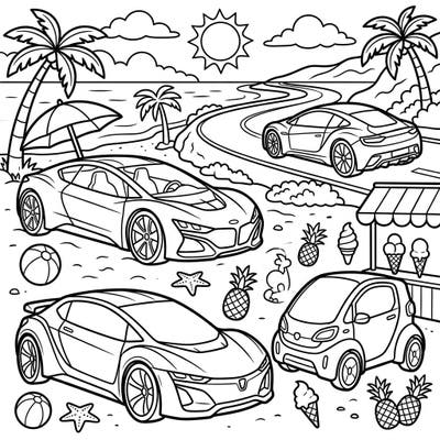 Dive into a vibrant summer scene featuring an array of cutting-edge concept cars enjoying a sunny beach vacation. This unique coloring page blends futuristic design with classic summer fun, perfect for enthusiasts of all ages.