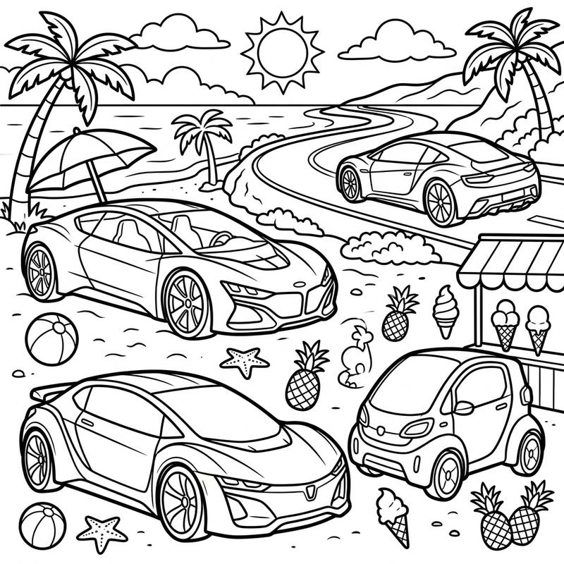 Dive into a vibrant summer scene featuring an array of cutting-edge concept cars enjoying a sunny beach vacation. This unique coloring page blends futuristic design with classic summer fun, perfect for enthusiasts of all ages.