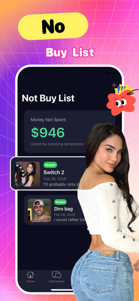 Lyra - Social - A mobile app interface for Lyra Social showing a Not Buy List with over 900 dollars in total savings from resisted purchases like a gaming console and a designer bag.