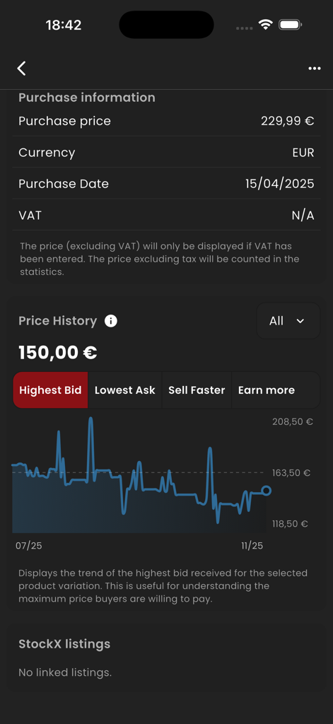 PocketSneaker app interface showing sneaker purchase details and a price history market trend graph