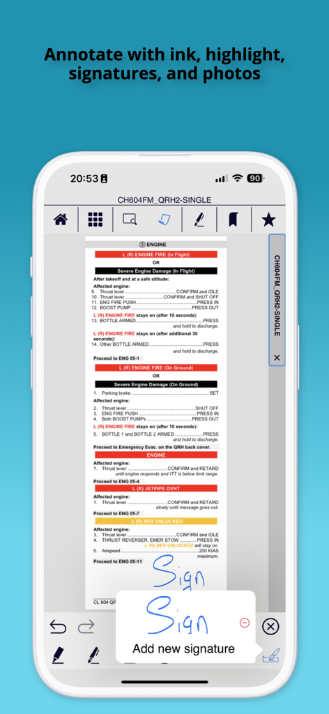 Captura de pantalla de la aplicación Bombardier Flight Deck 3 que muestra a un piloto agregando una firma digital a un manual de aeronave