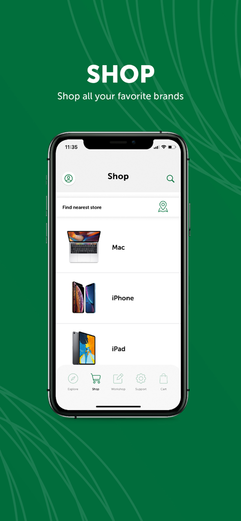 Tradeline Stores - Pantalla de la tienda de la app Tradeline Stores mostrando categorías de productos Apple como Mac iPhone e iPad