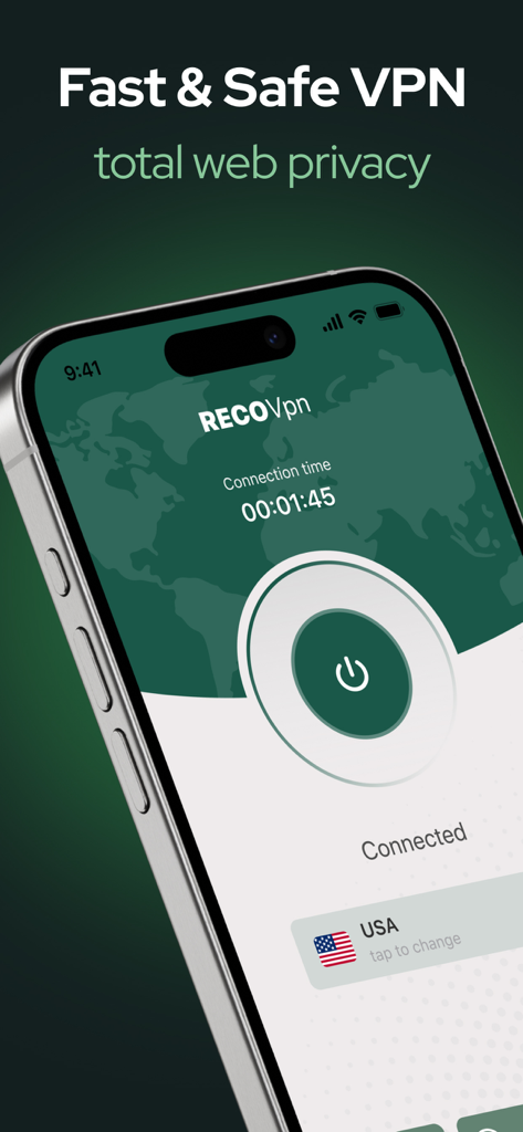 Private VPN - Web Protection - USAサーバーへの接続が成功したことを示す接続時間とともに、iPhone上のPrivate VPNアプリインターフェイス。