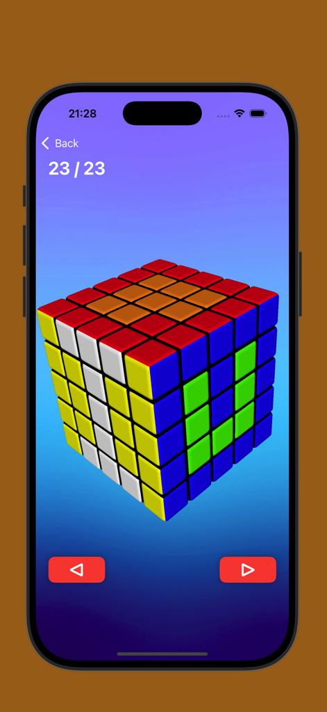 Magic Cube Solver 5x 3x 4x 2x - Magic Cube Solver app interface showing a 5x5 Professor Cube solution step