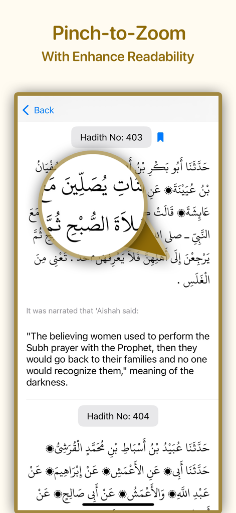 Función de pellizcar para hacer zoom en la aplicación Sunan Ibn Majah para una mejor legibilidad