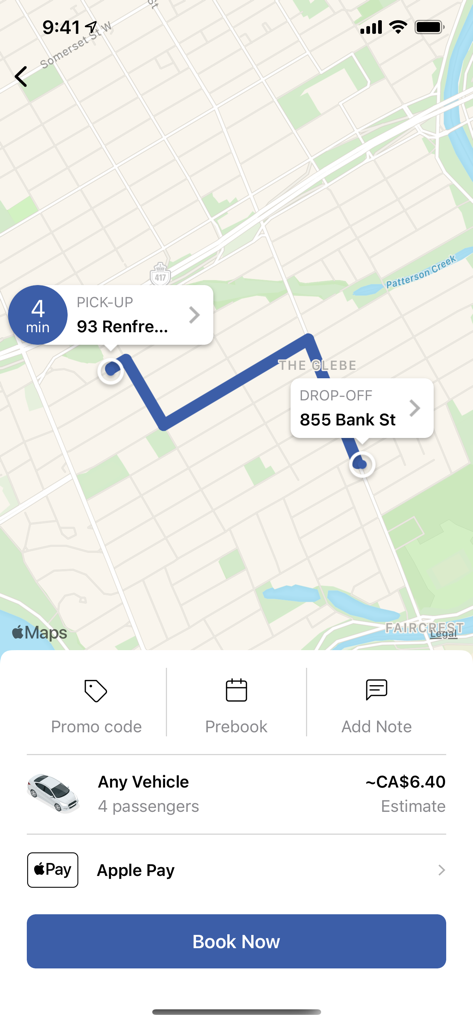 Blueline Taxi - Ottawa - Blueline Taxi mobile app interface showing a ride route on a map with price estimation and booking options