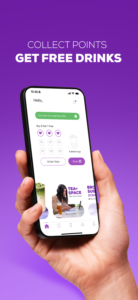 Tea Plus - Una mano sosteniendo un smartphone mostrando la pantalla de seguimiento de puntos de lealtad de Tea Plus para obtener bubble tea gratis.