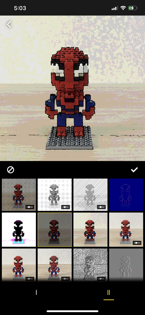 Stop Motion Factory app showing filter selection for a LEGO superhero figure animation