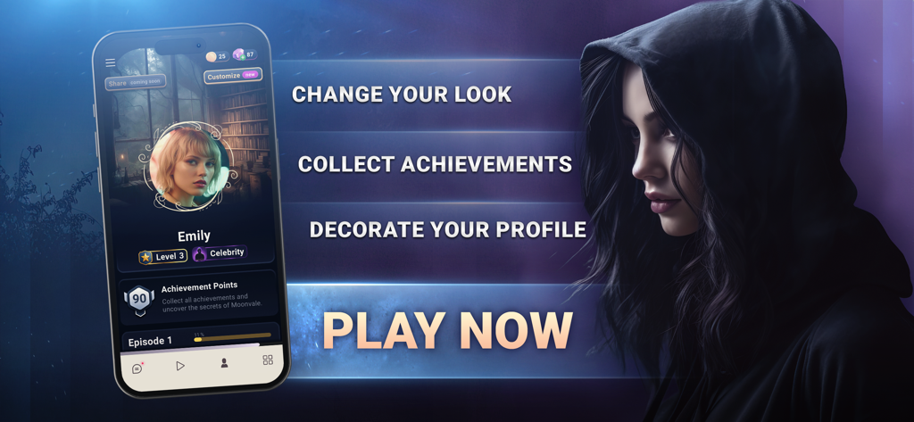 Moonvale: Murder Mystery Game - Promotional banner for Moonvale showing a character profile on a smartphone alongside a mysterious hooded woman.