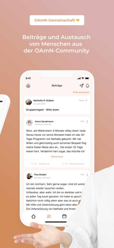 OAMN mobile app community forum showing user posts and sobriety milestones