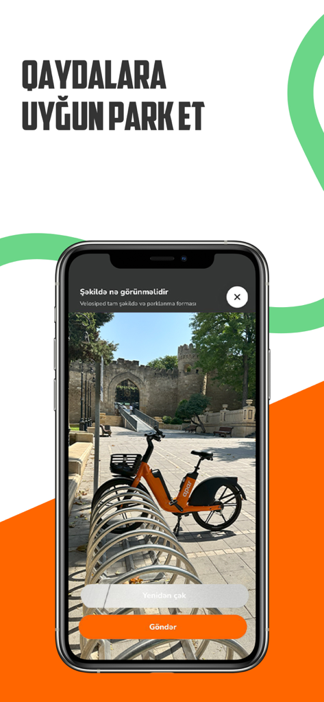 Apar - Eco-Transport Solution - A phone screen showing the Apar app being used to take a photo of an orange electric bicycle parked in a city bike rack for verification